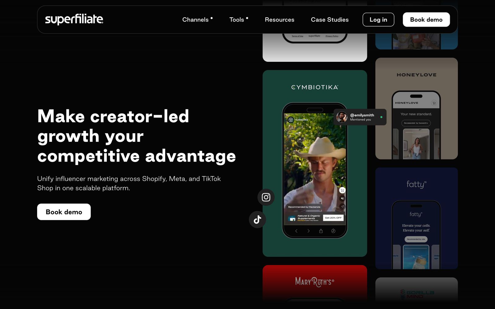Superfiliate website, homepage