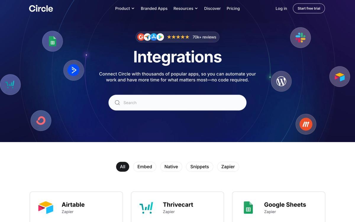 Circle, integrations page screenshot