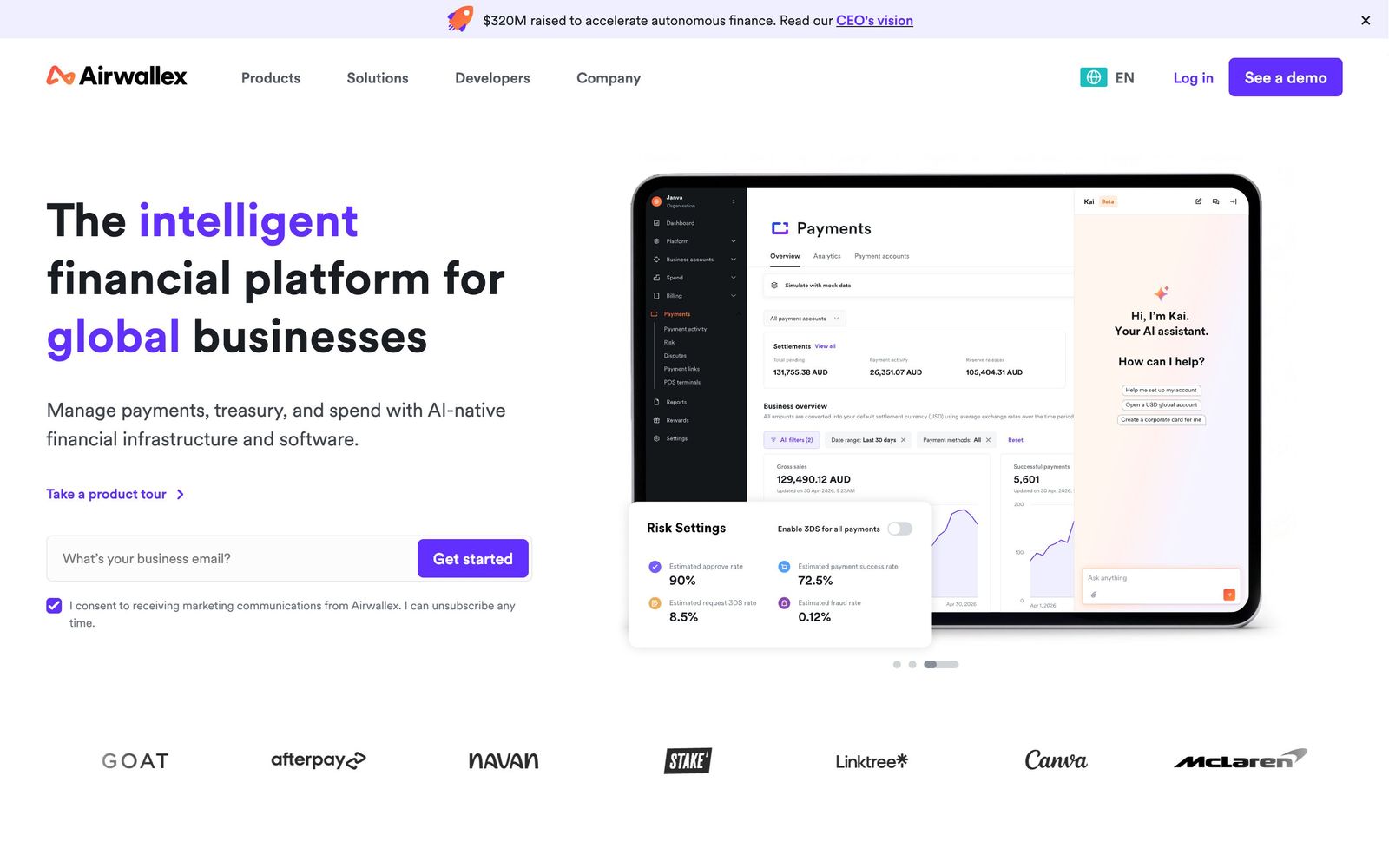 Airwallex website, homepage