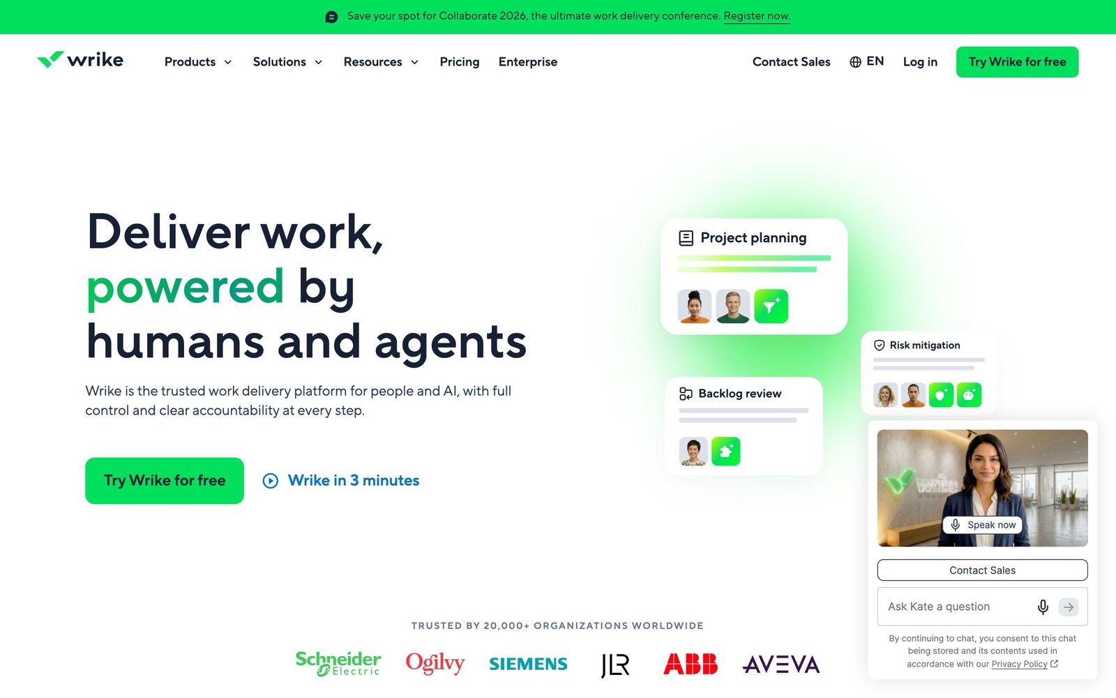 Wrike website, homepage