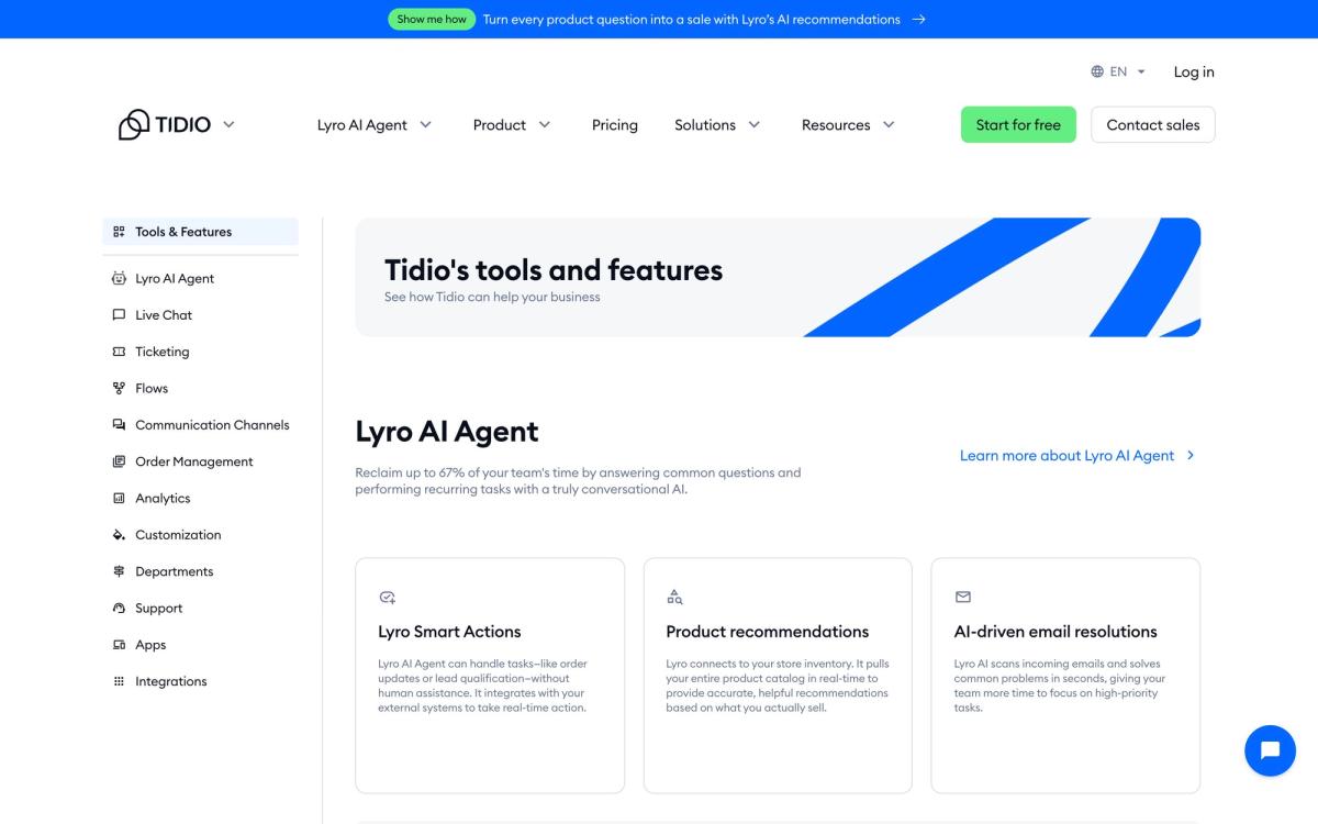 Tidio: features page screenshot