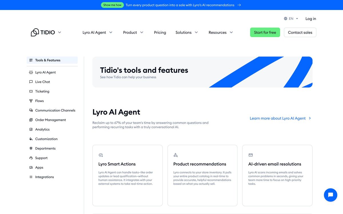 Tidio: features page screenshot