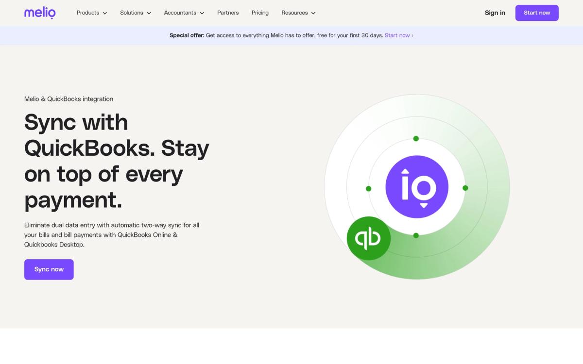 Melio: integrations page screenshot