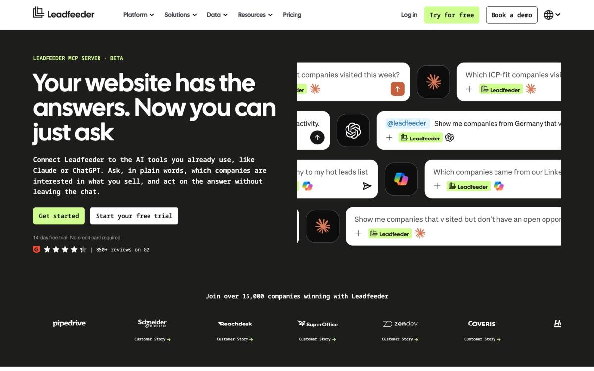 Leadfeeder, features page screenshot