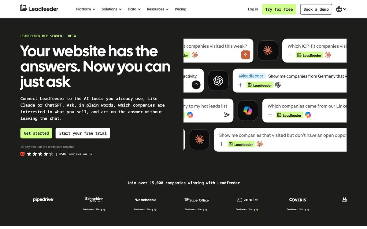 Leadfeeder, features page screenshot