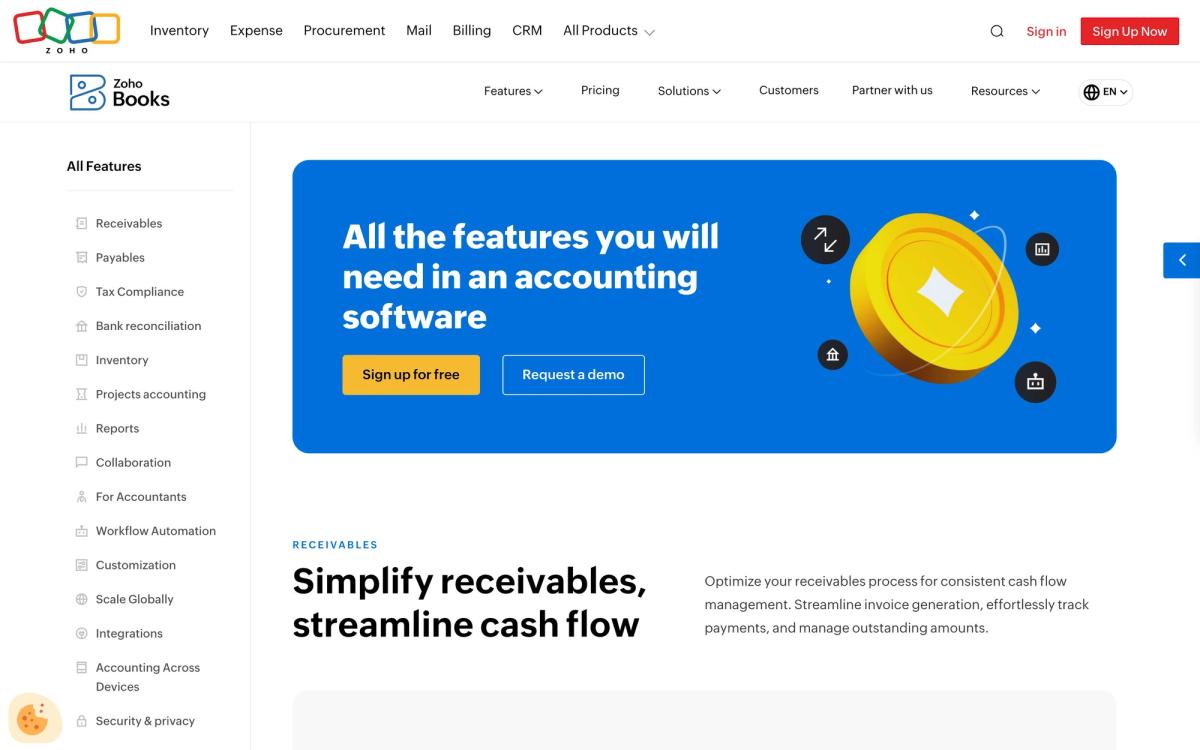 Zoho Books: features page screenshot
