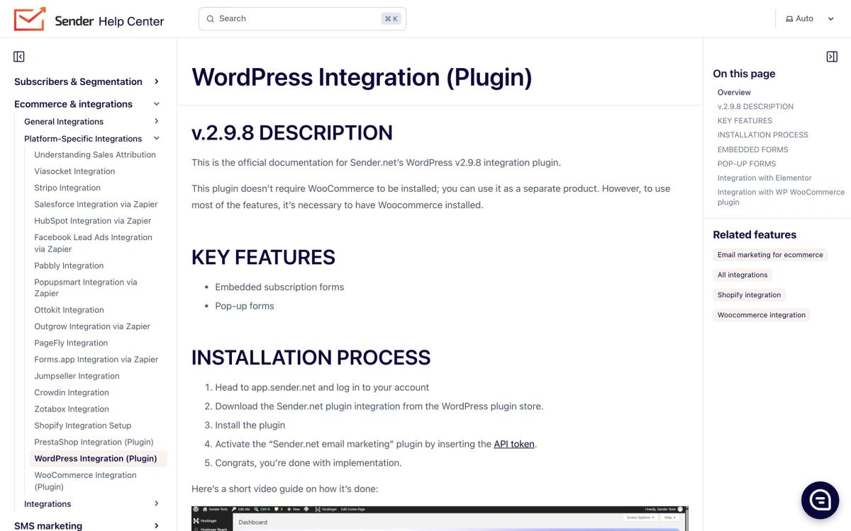 Sender, integrations page screenshot