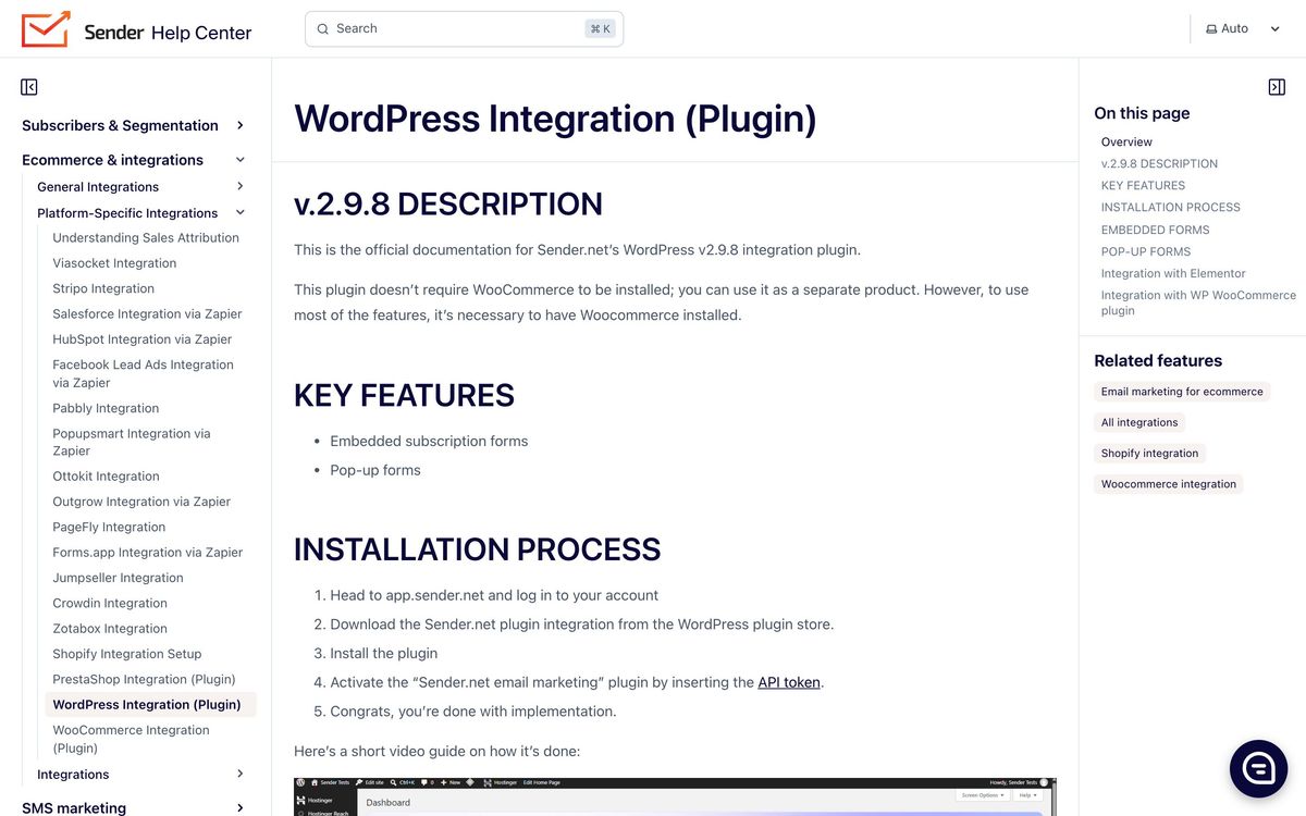 Sender, integrations page screenshot