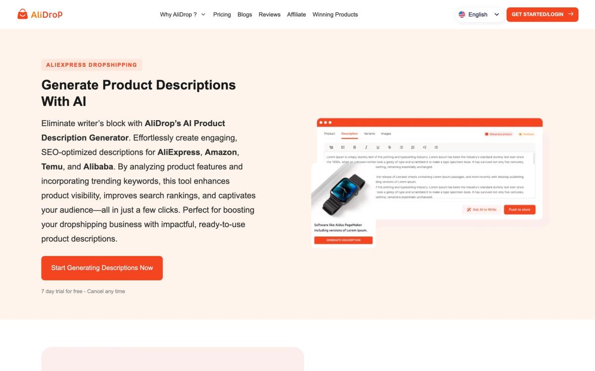 AliDrop: product page screenshot