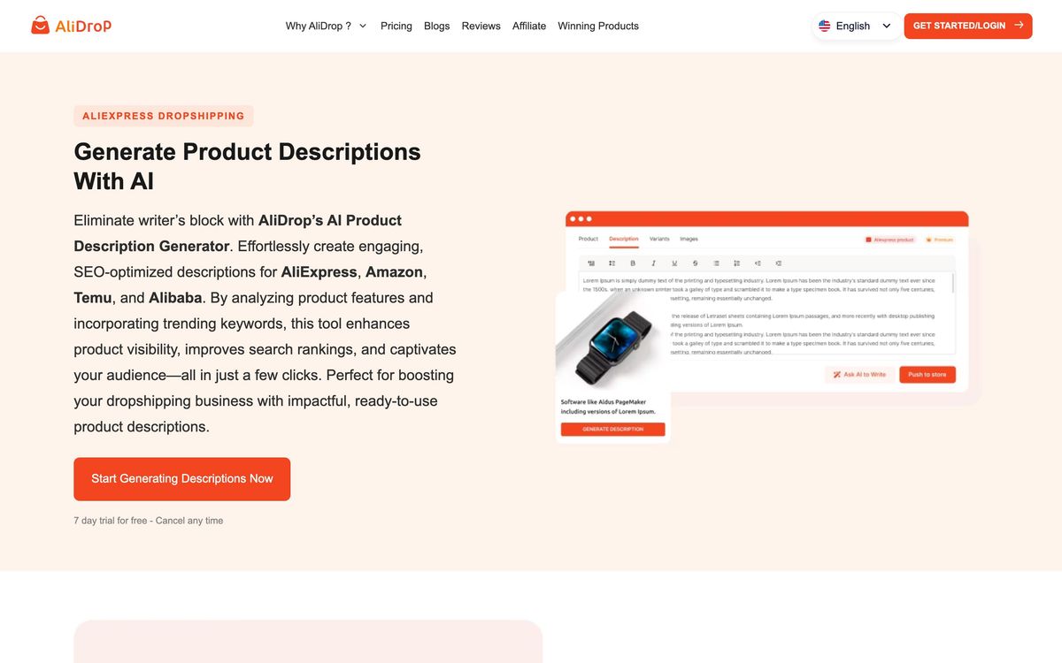 AliDrop: product page screenshot