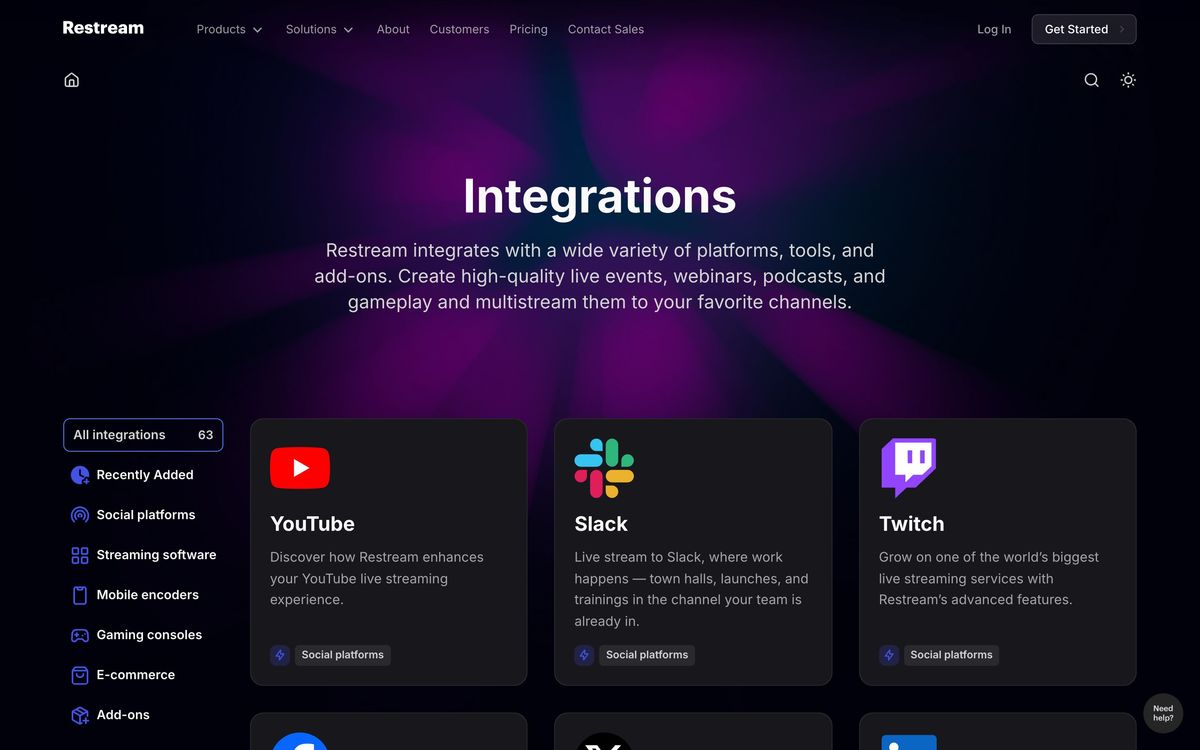Restream, integrations page screenshot