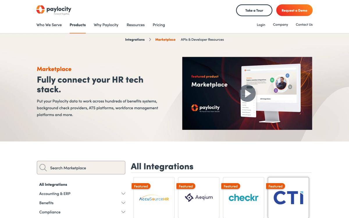 Paylocity, integrations page screenshot