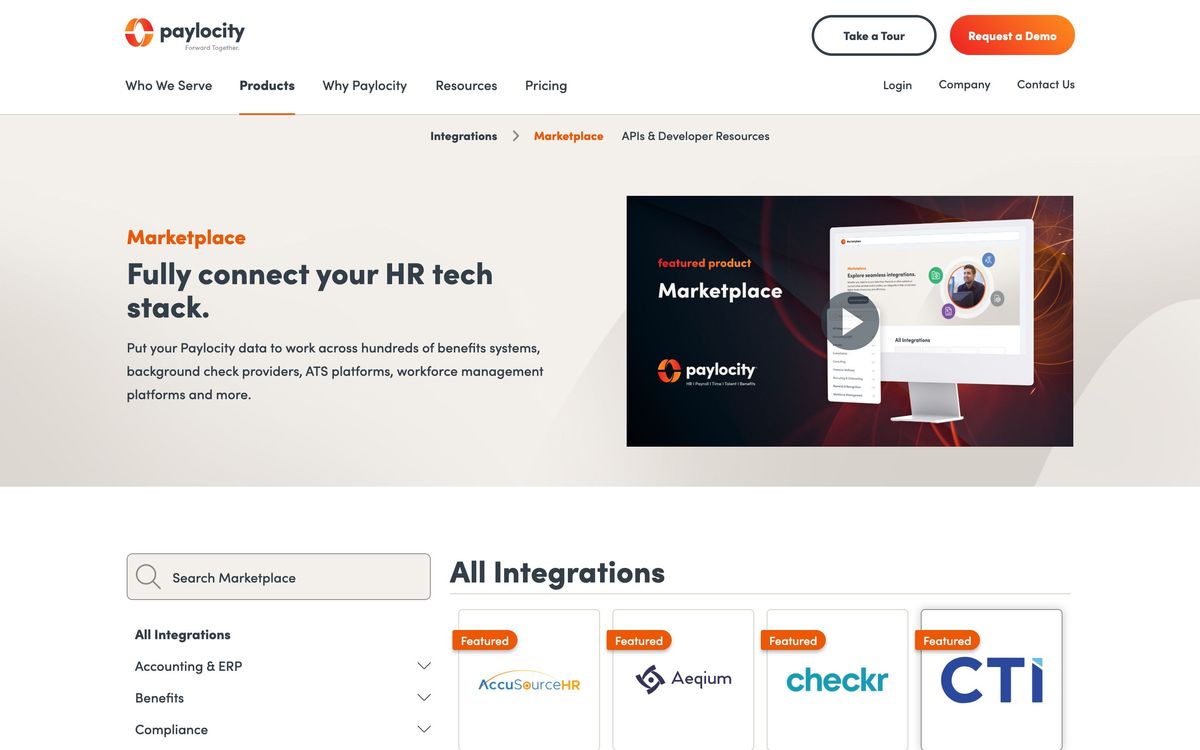 Paylocity, integrations page screenshot