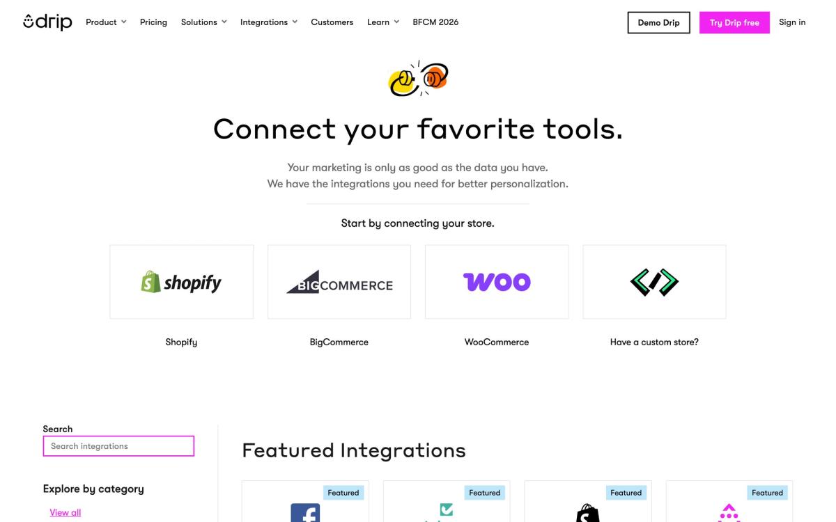 Drip, integrations page screenshot