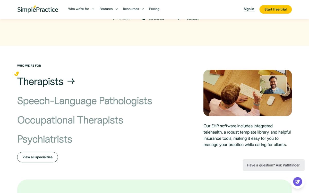 SimplePractice, product overview page screenshot