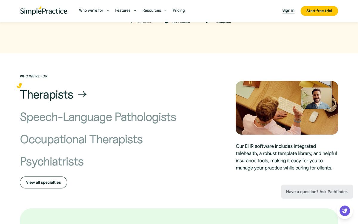 SimplePractice, product overview page screenshot