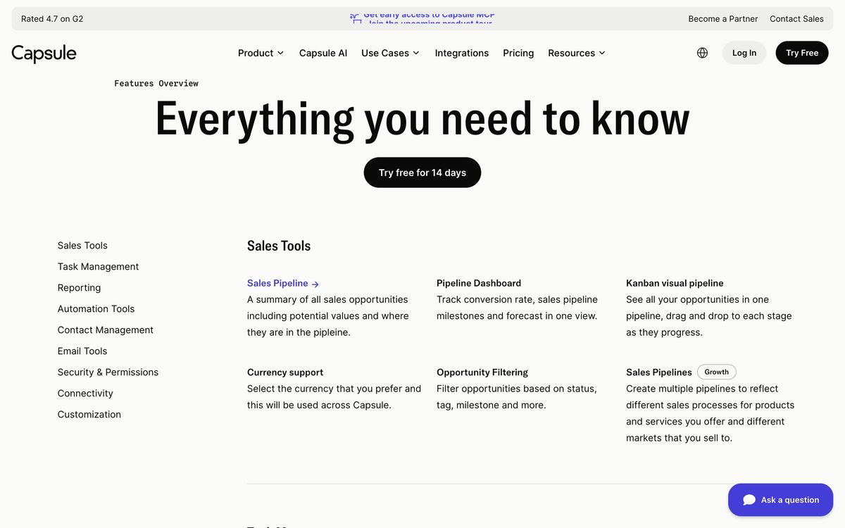 Capsule CRM, features page screenshot