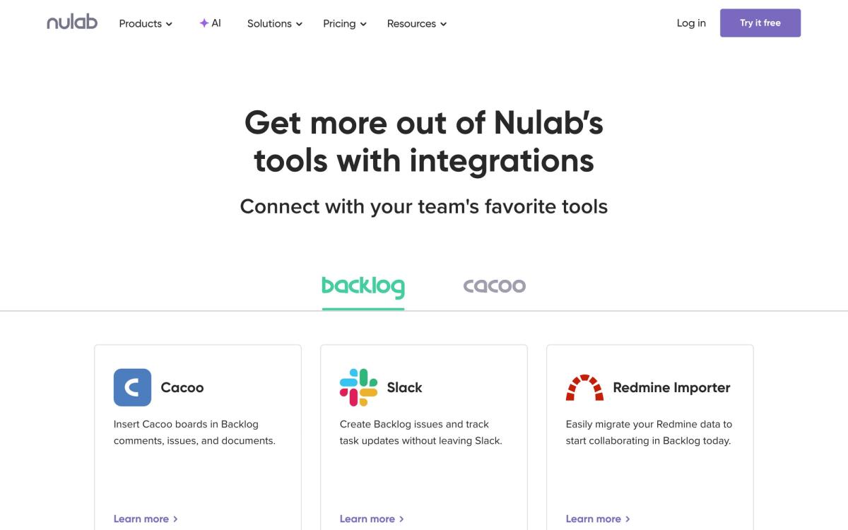 Backlog, integrations page screenshot