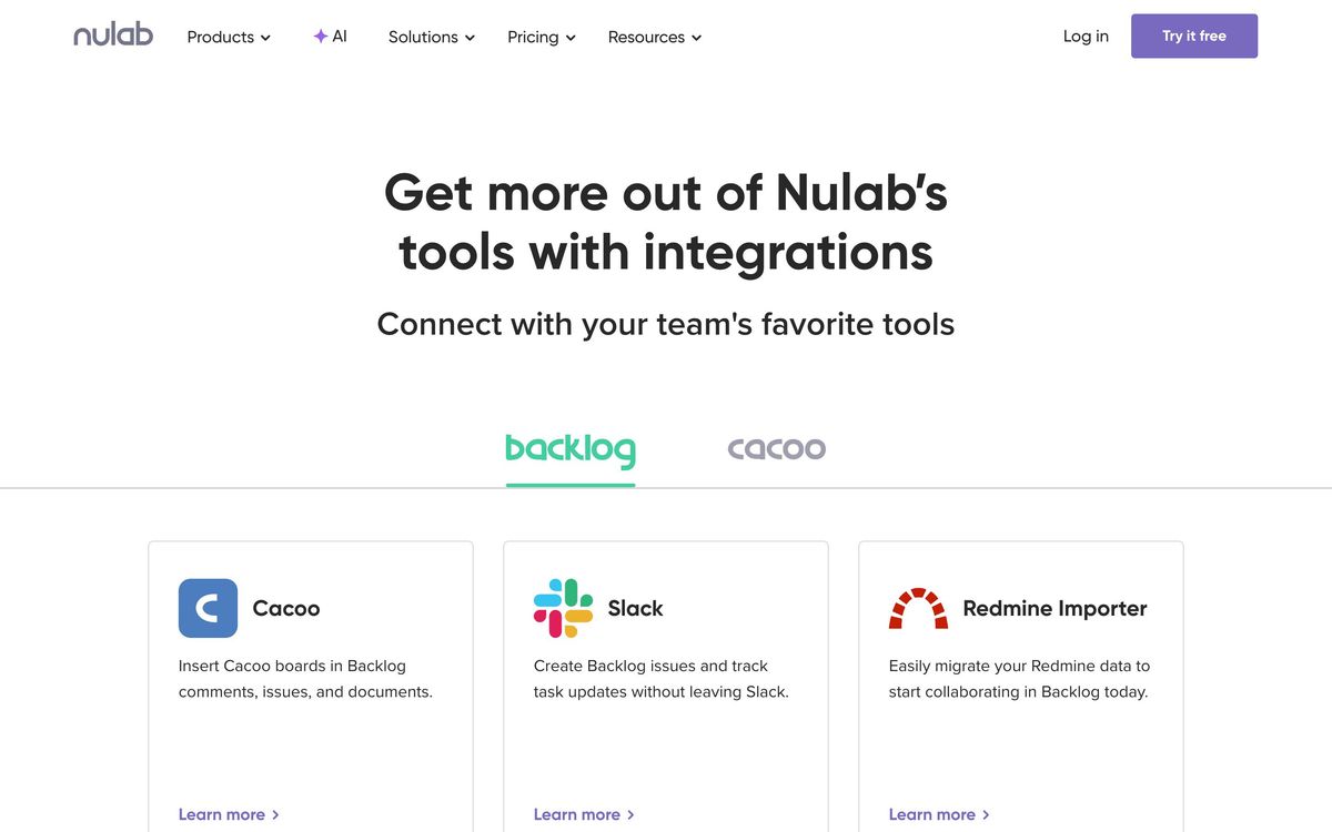 Backlog, integrations page screenshot
