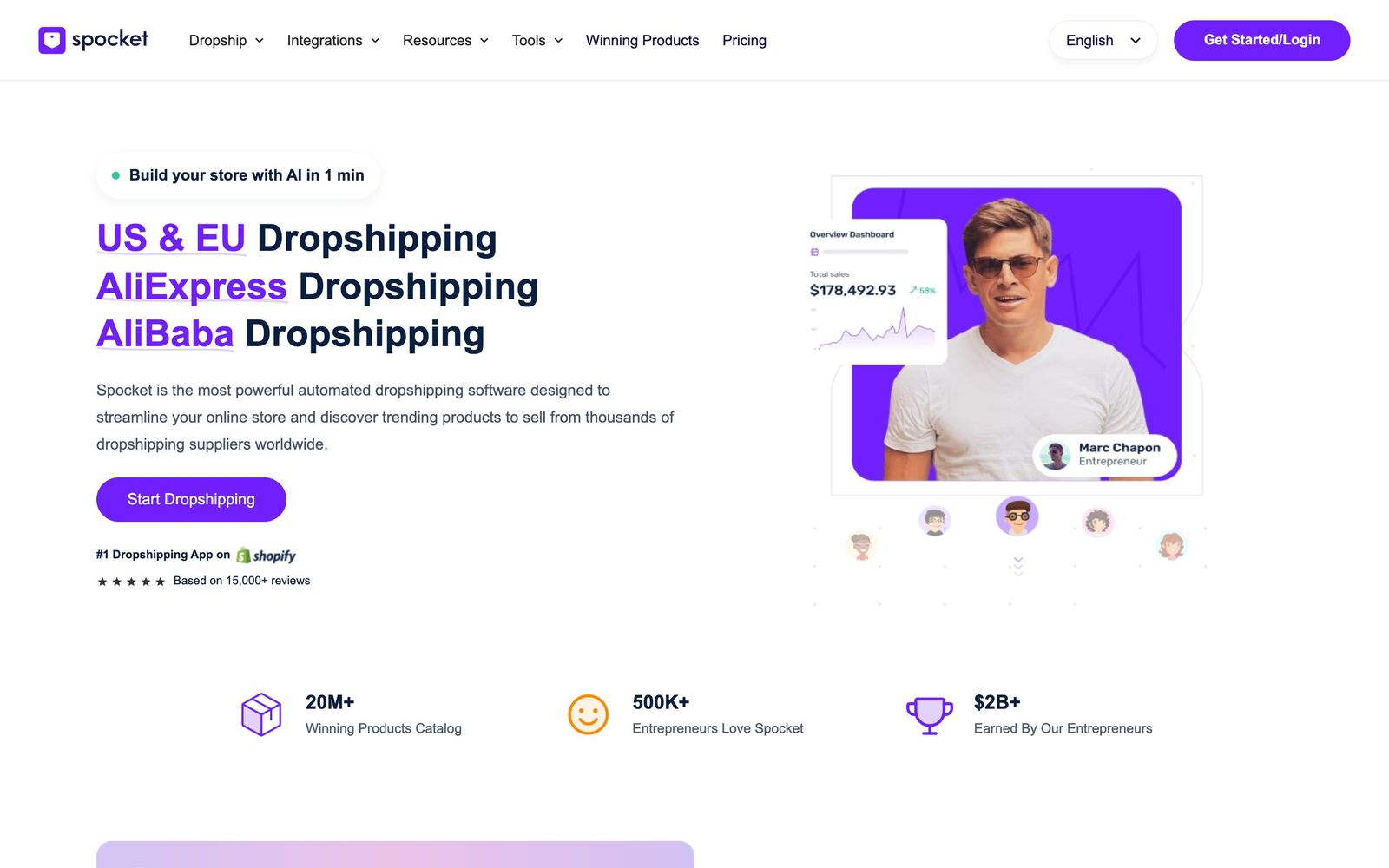 Spocket website, homepage