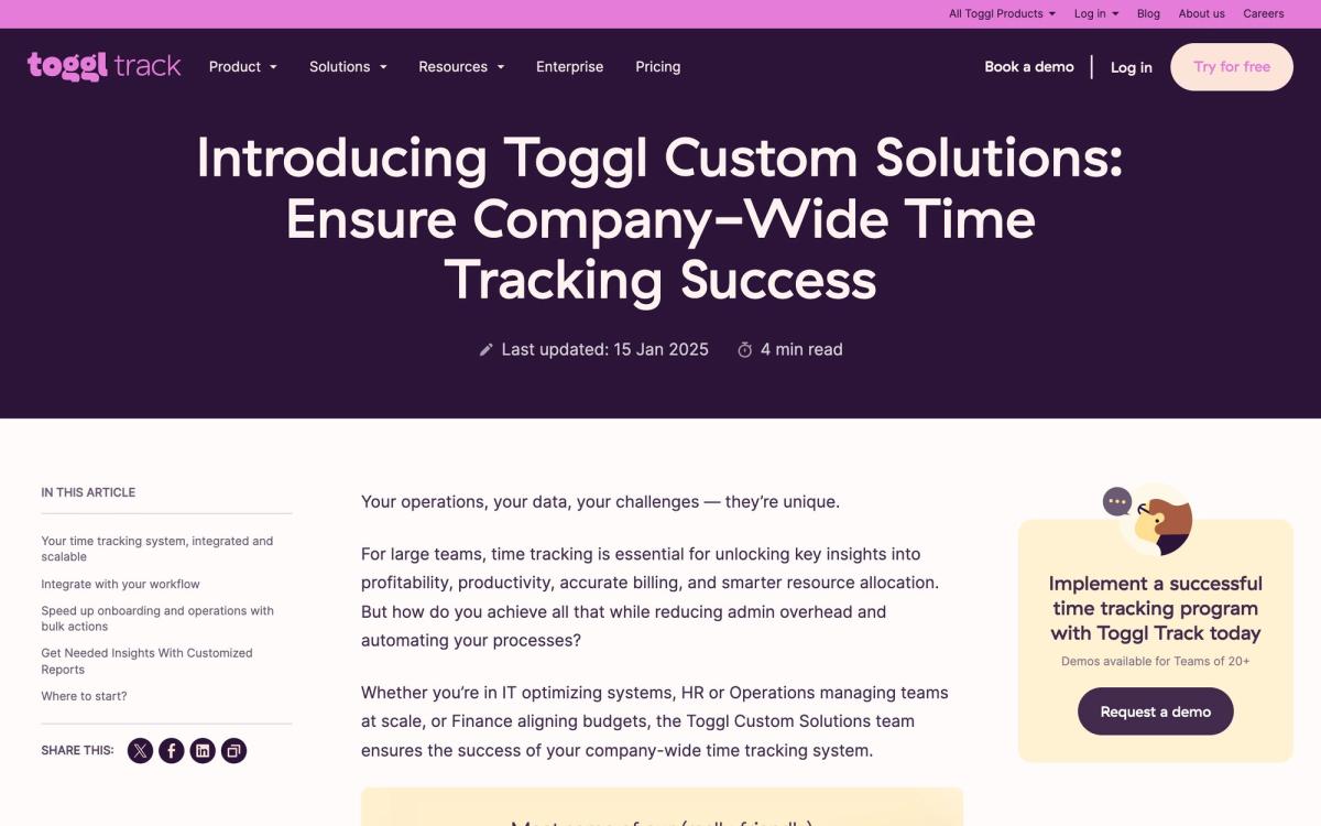 Toggl Track, integrations page screenshot