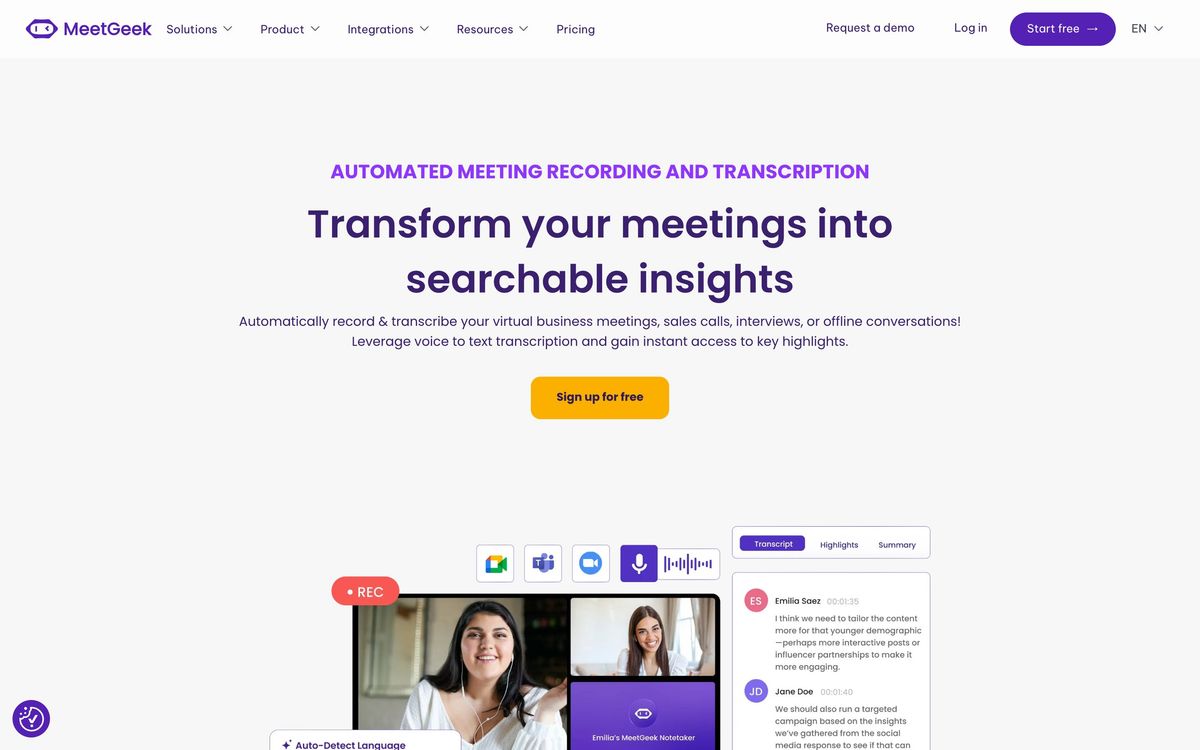 MeetGeek, features page screenshot