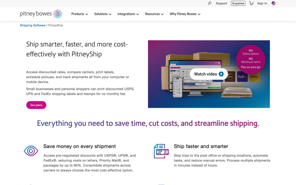PitneyShip, features page screenshot
