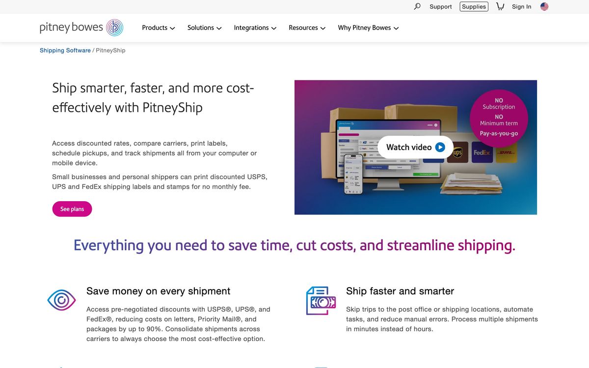PitneyShip, features page screenshot