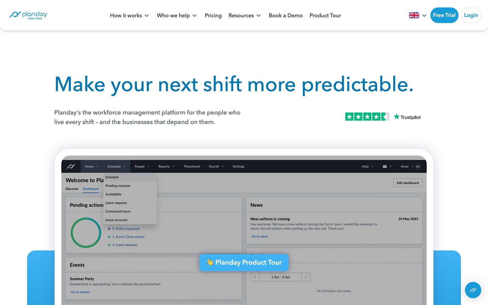 Planday website, homepage