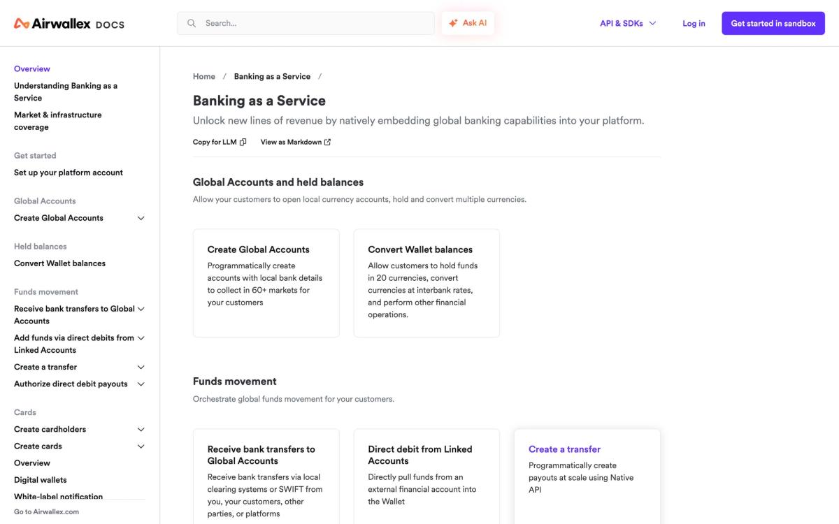 Airwallex, features page screenshot