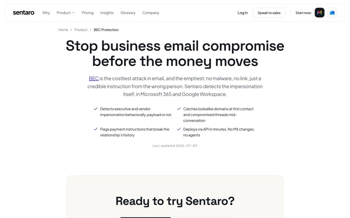 Sentaro, product page screenshot