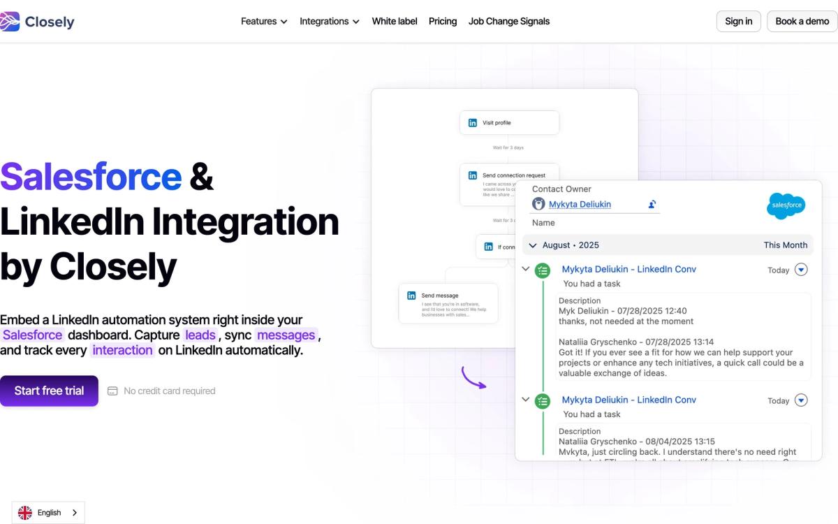 Closely, integrations page screenshot