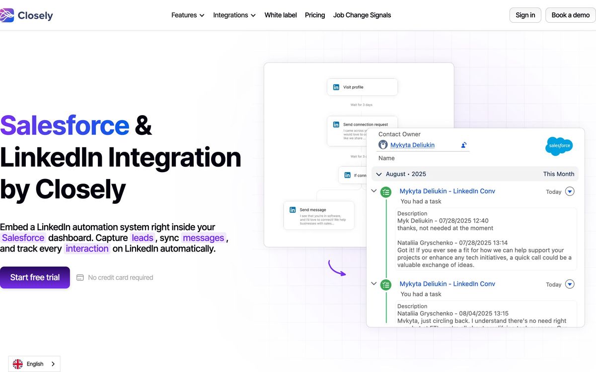 Closely, integrations page screenshot