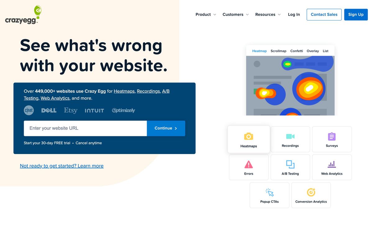 Crazy Egg, product overview page screenshot