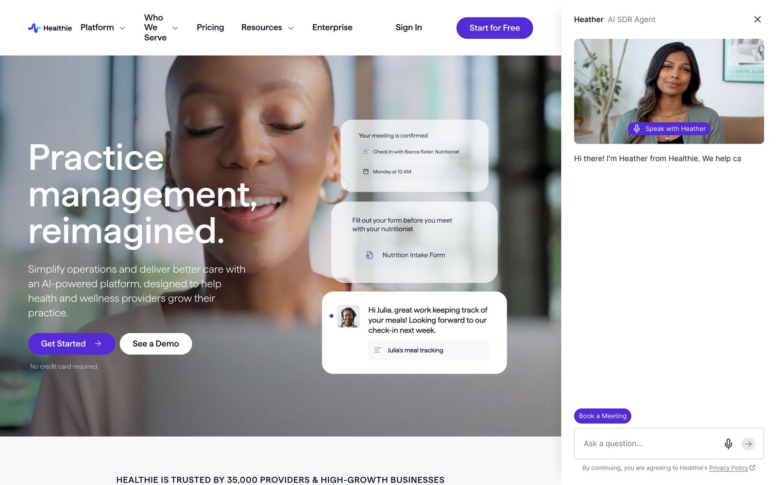 Healthie website, homepage
