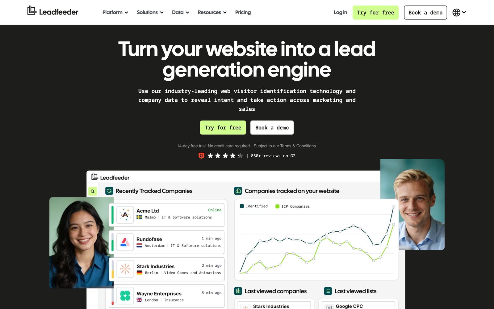 Leadfeeder website, homepage