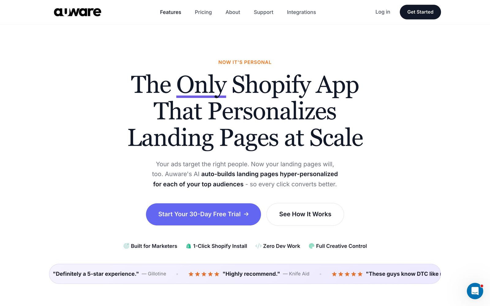 Auware website, homepage
