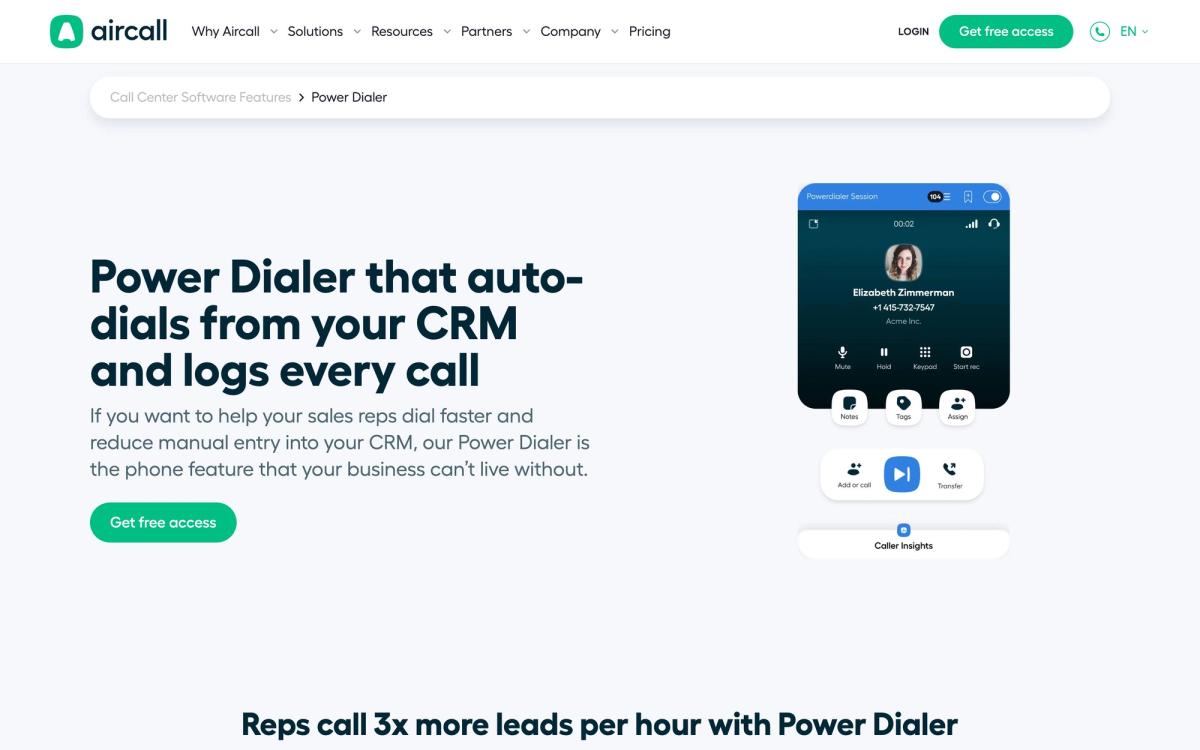 Aircall, features page screenshot