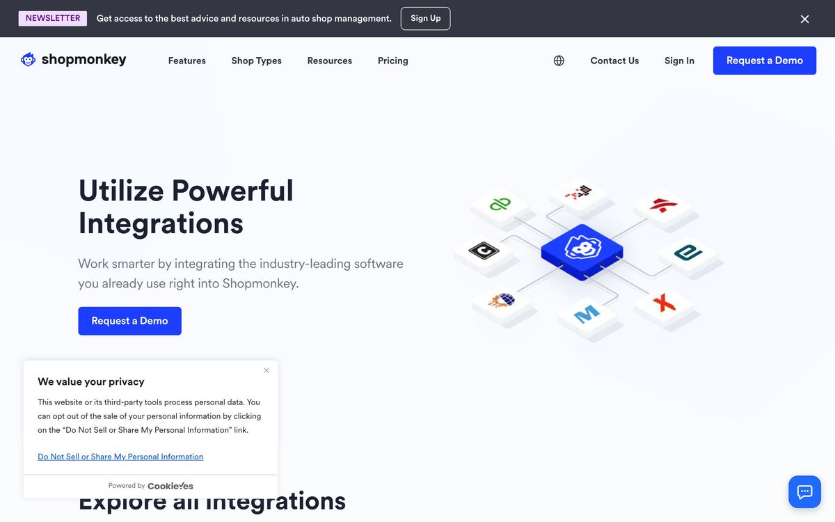 Shopmonkey, integrations page screenshot