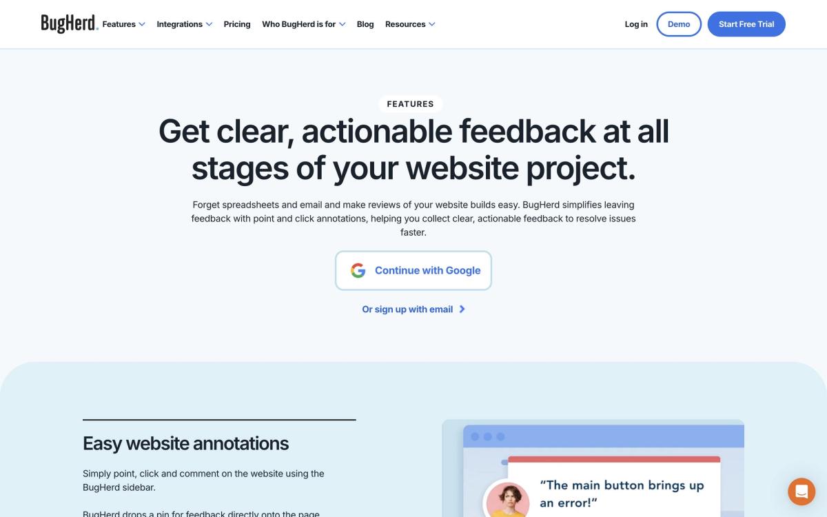 BugHerd, features page screenshot