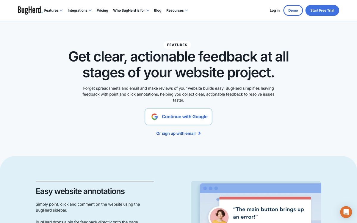 BugHerd, features page screenshot