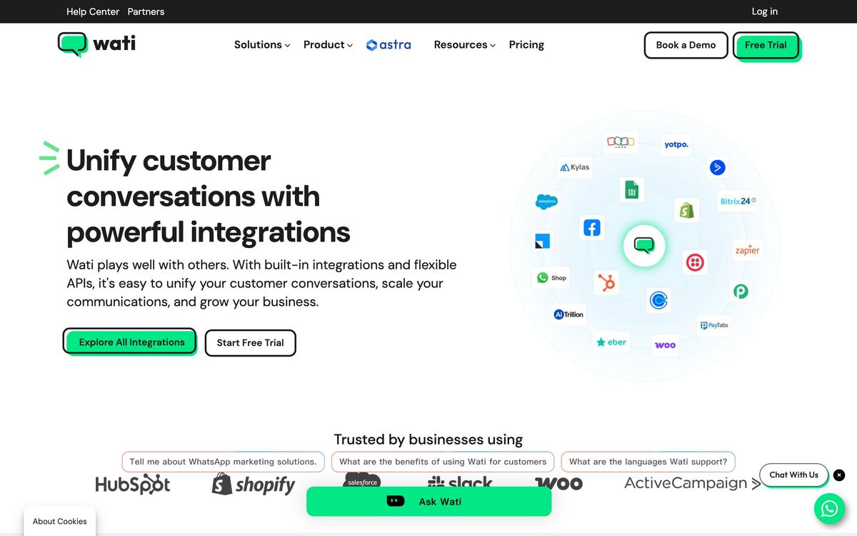 Wati, integrations page screenshot