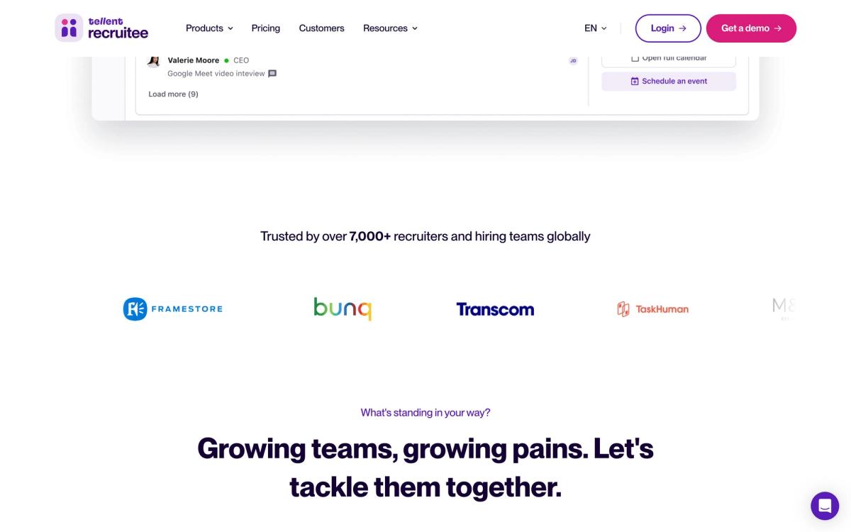 Recruitee: product overview page screenshot