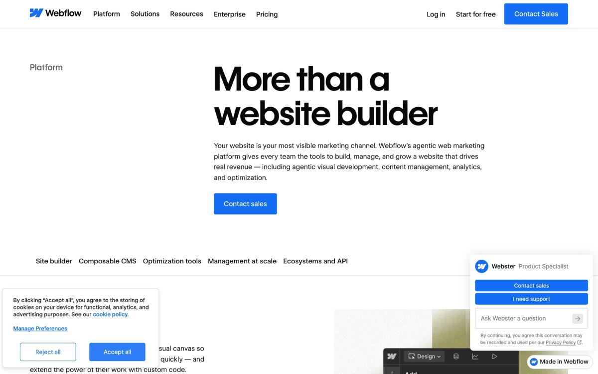 Webflow, product page screenshot