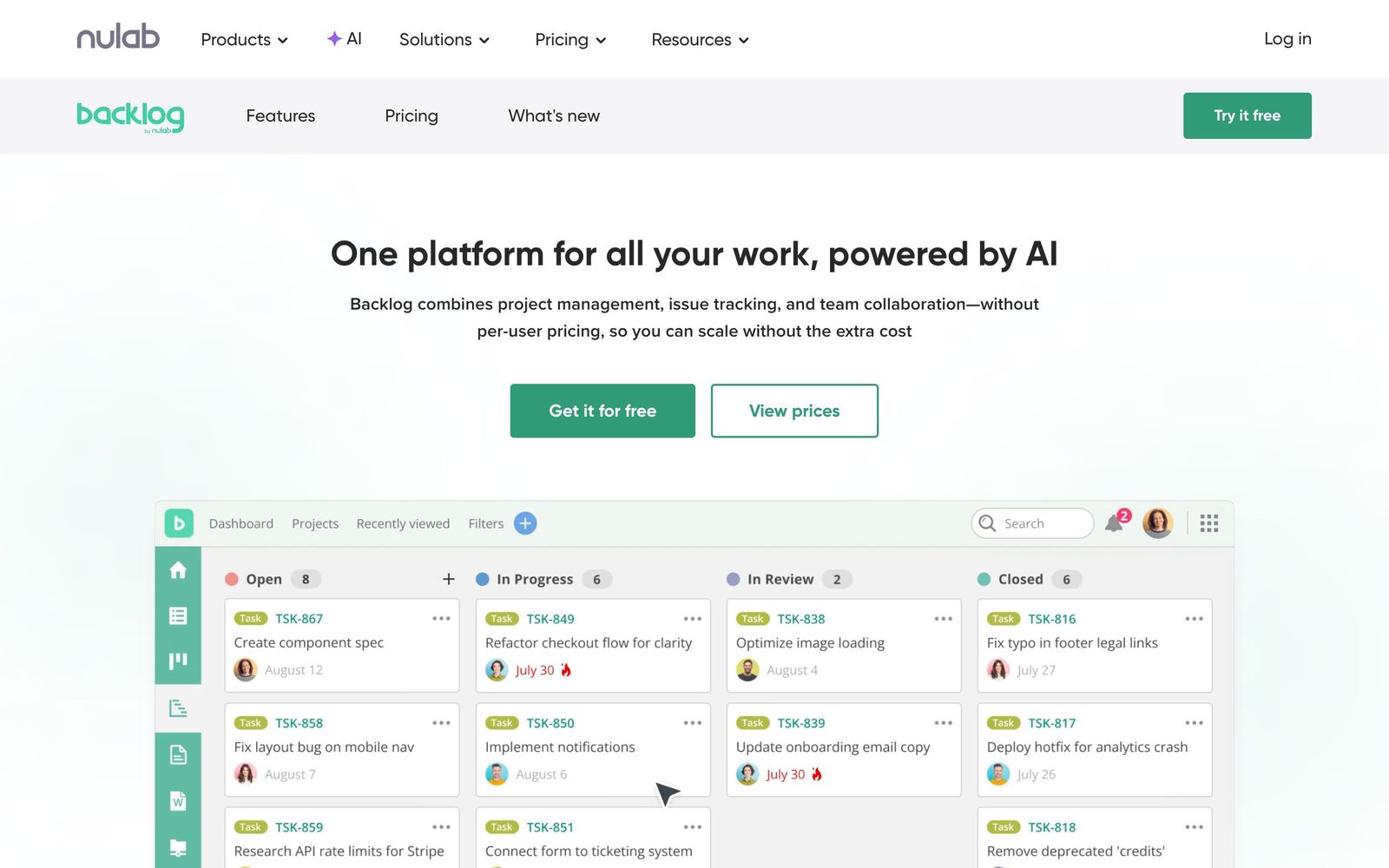 Backlog website, homepage