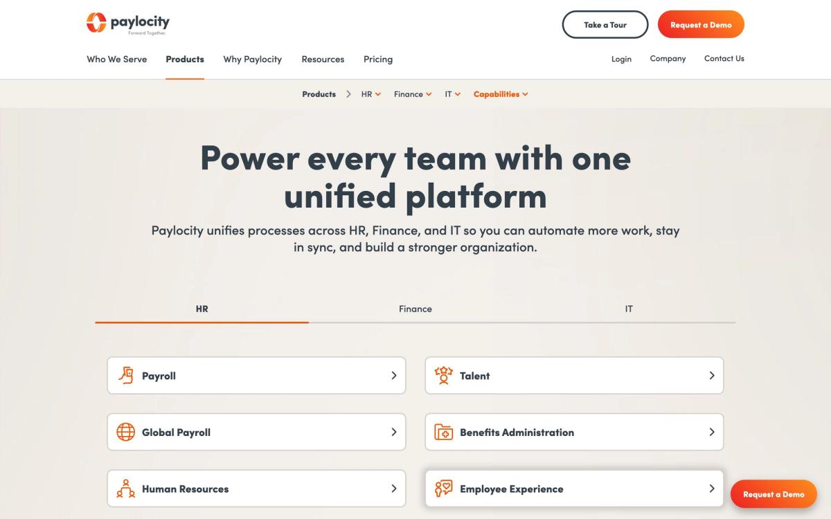 Paylocity, product page screenshot