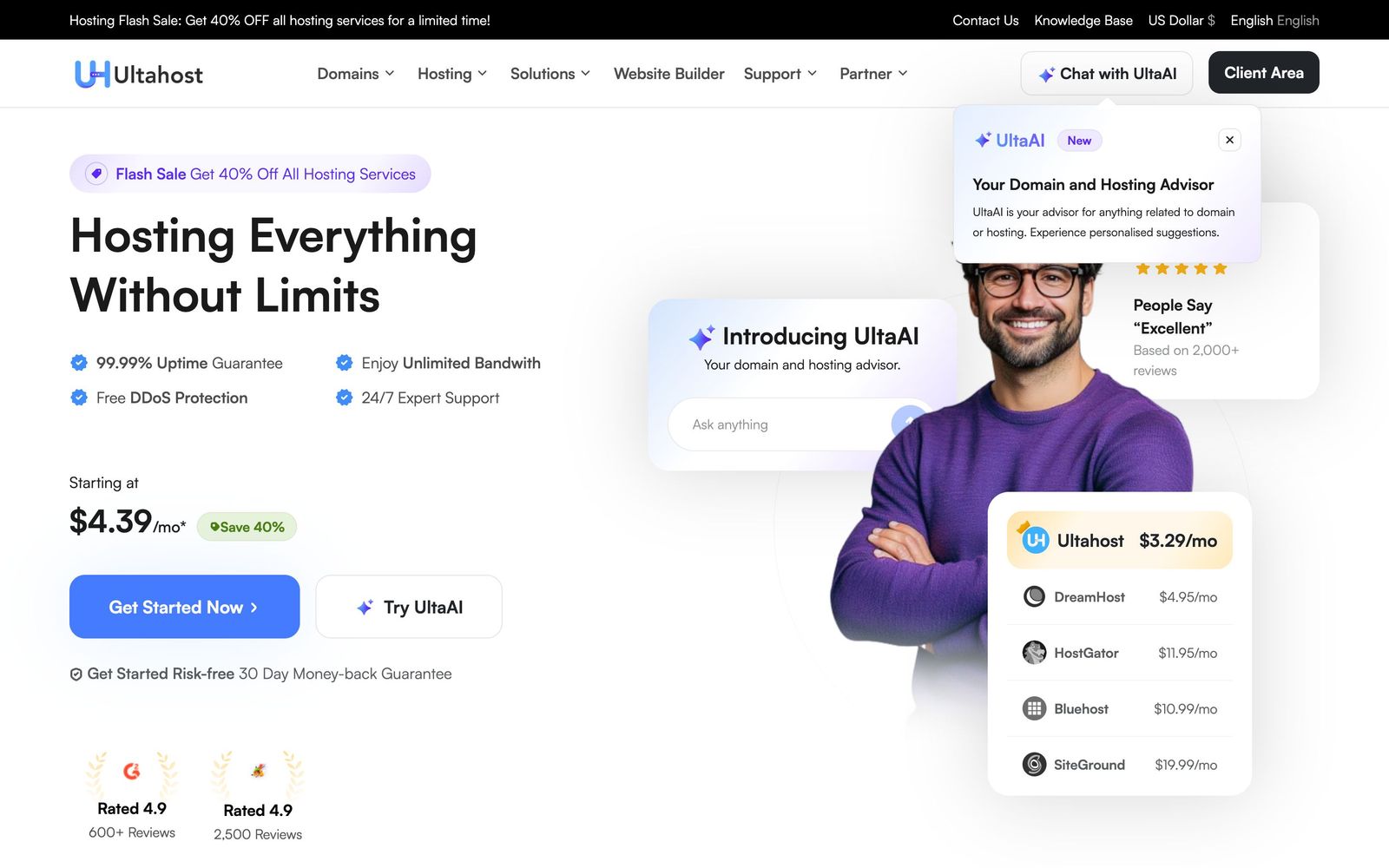 Ultahost website, homepage
