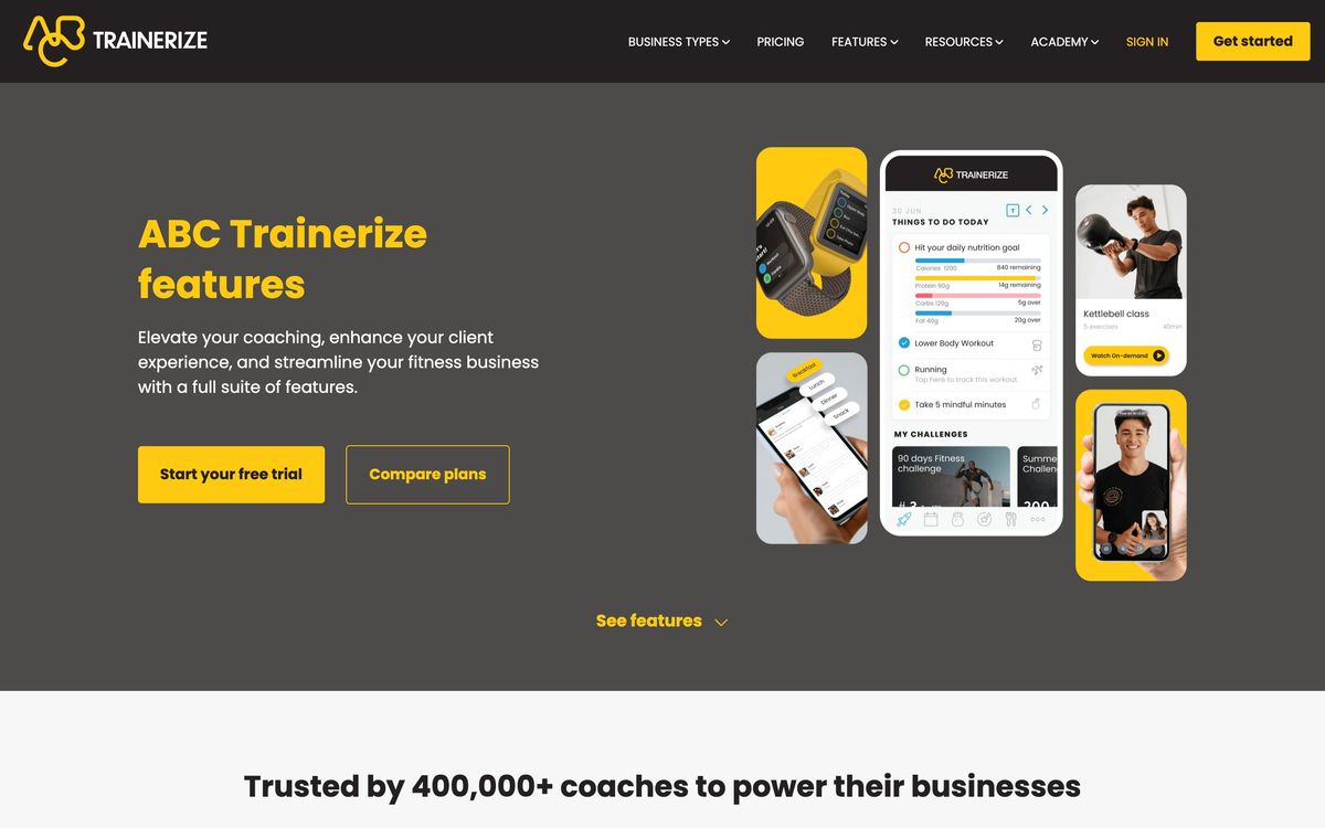 ABC Trainerize, features page screenshot