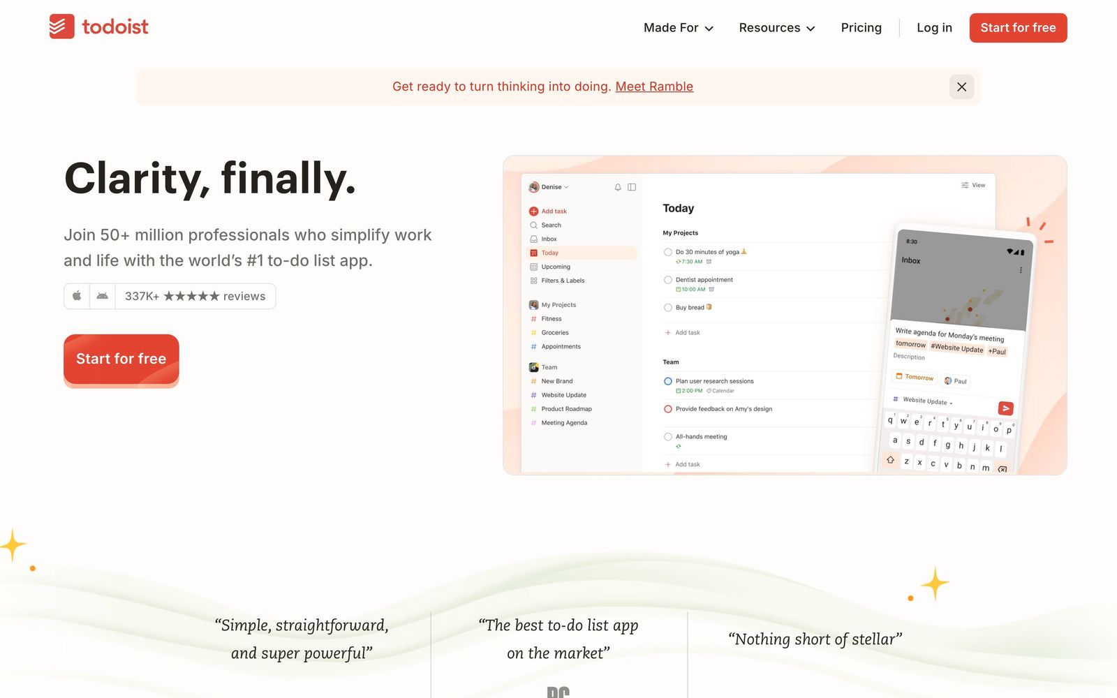 Todoist website, homepage