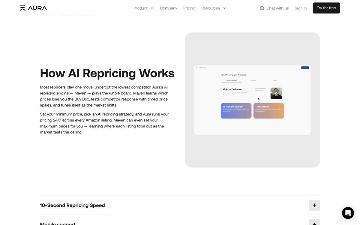Aura, product overview page screenshot